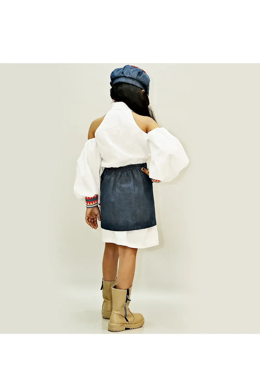 White cold shoulder shirt dress with denim skirt and cap