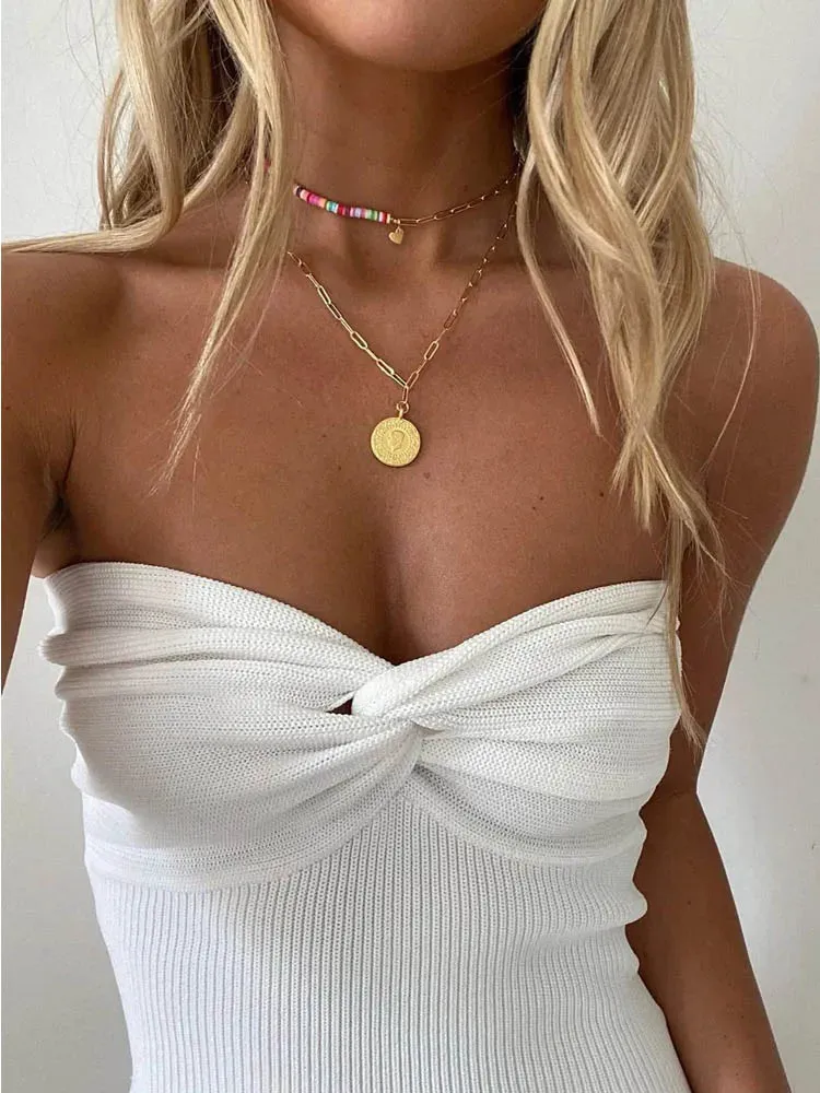 White Knit Strapless Backless Corset Crop Top