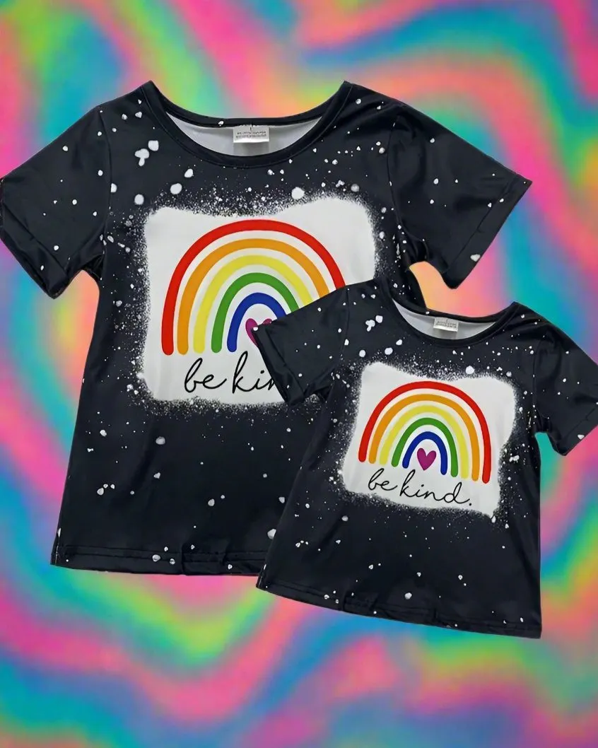 Women and Girls Rainbow Shirts, Matching Mom and Me Tops, Graphic "Be Kind" T-Shirts, Sizes Adult & Child, Black/Multi