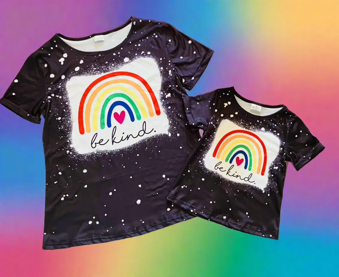 Women and Girls Rainbow Shirts, Matching Mom and Me Tops, Graphic "Be Kind" T-Shirts, Sizes Adult & Child, Black/Multi