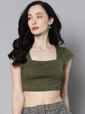 Women Olive Rib Square Neck Crop Top