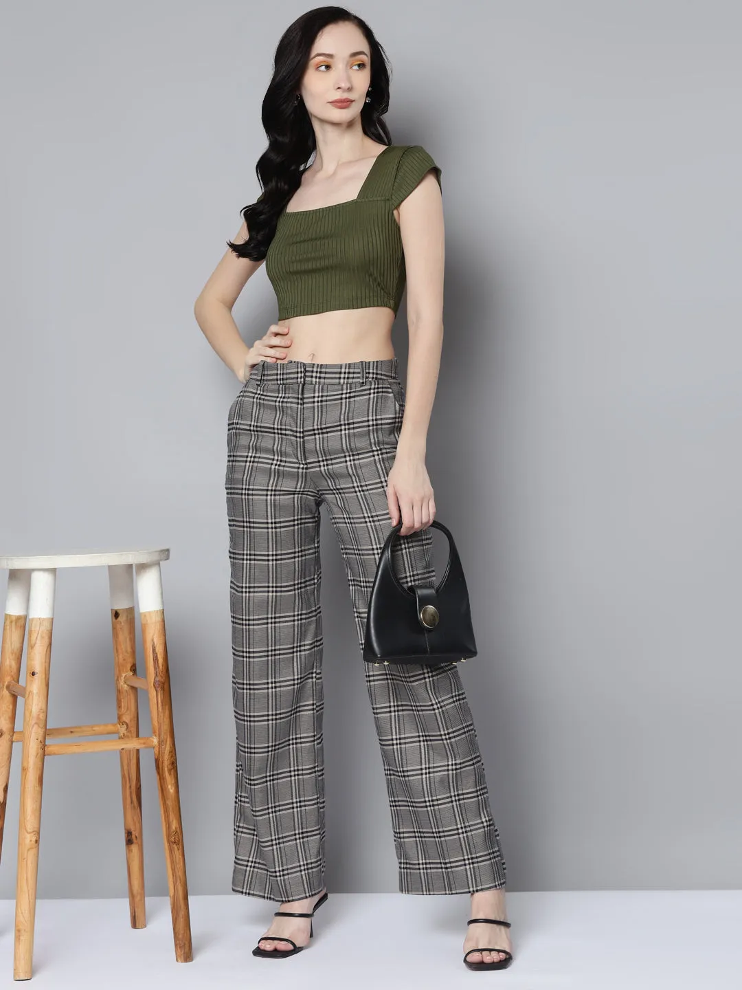 Women Olive Rib Square Neck Crop Top