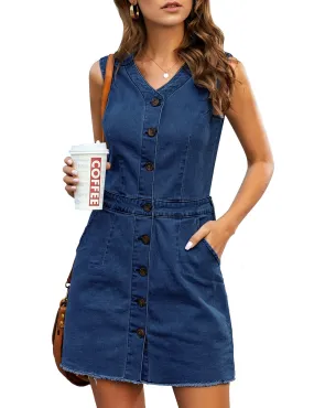 Women Sleeveless V Neck Button Down Frayed Hem Short Denim Dress