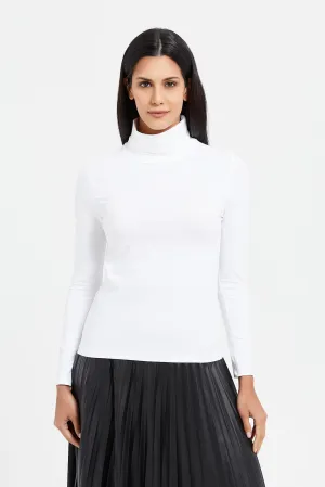 Women White Long Sleeves Turtleneck T-Shirt