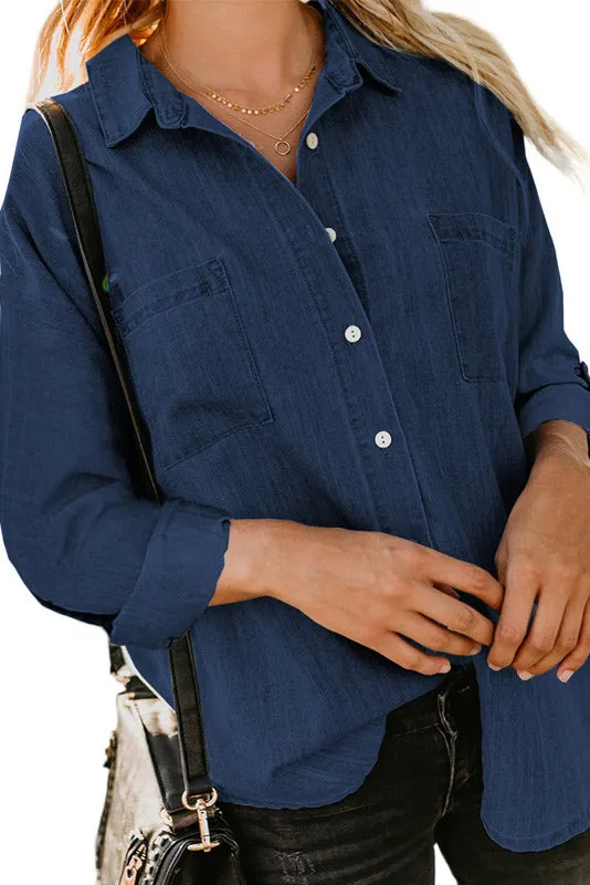 Women's Casual Denim Double Pocket Long Sleeve Shirt