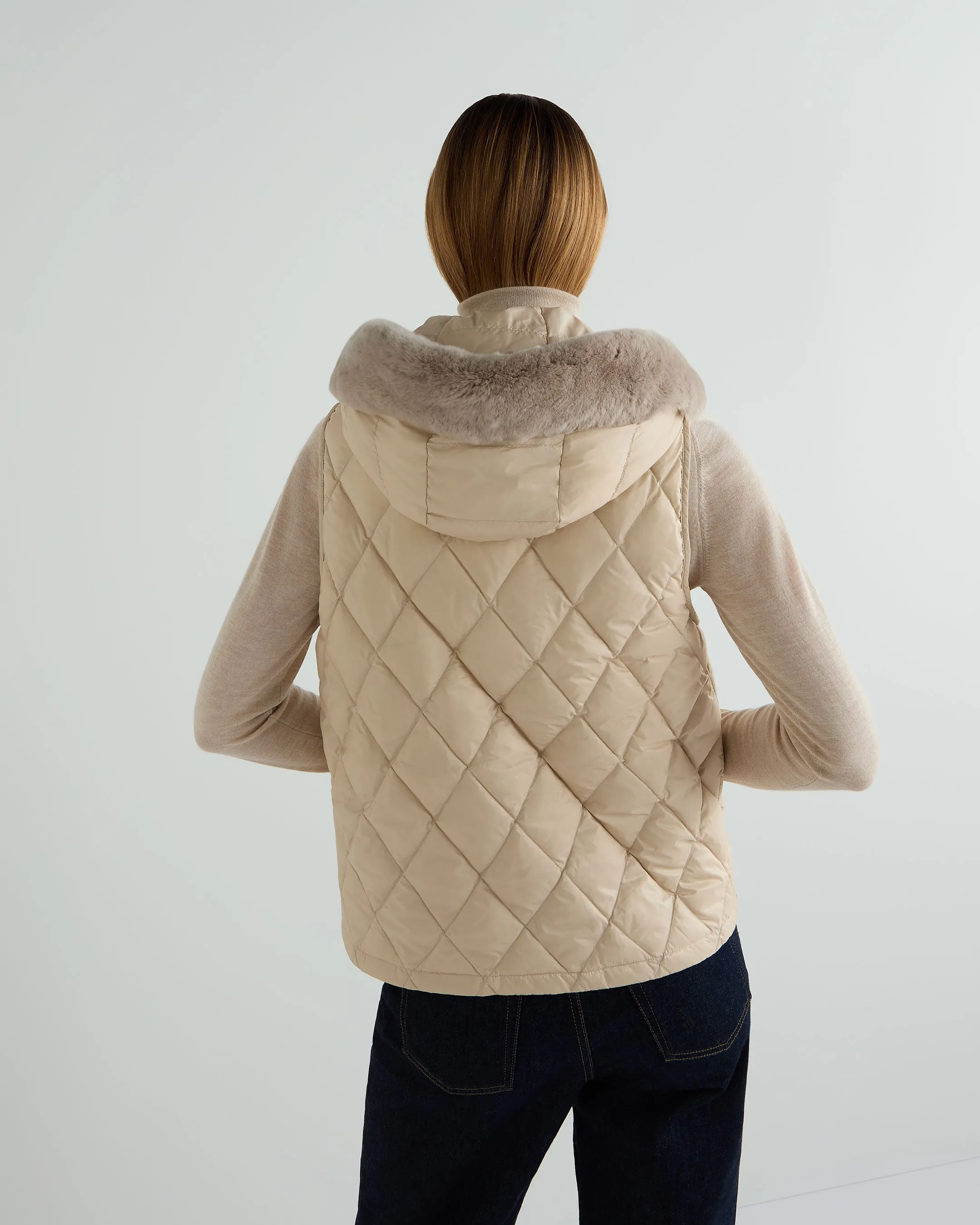 Women's Down Gilet With Fur Ecru White