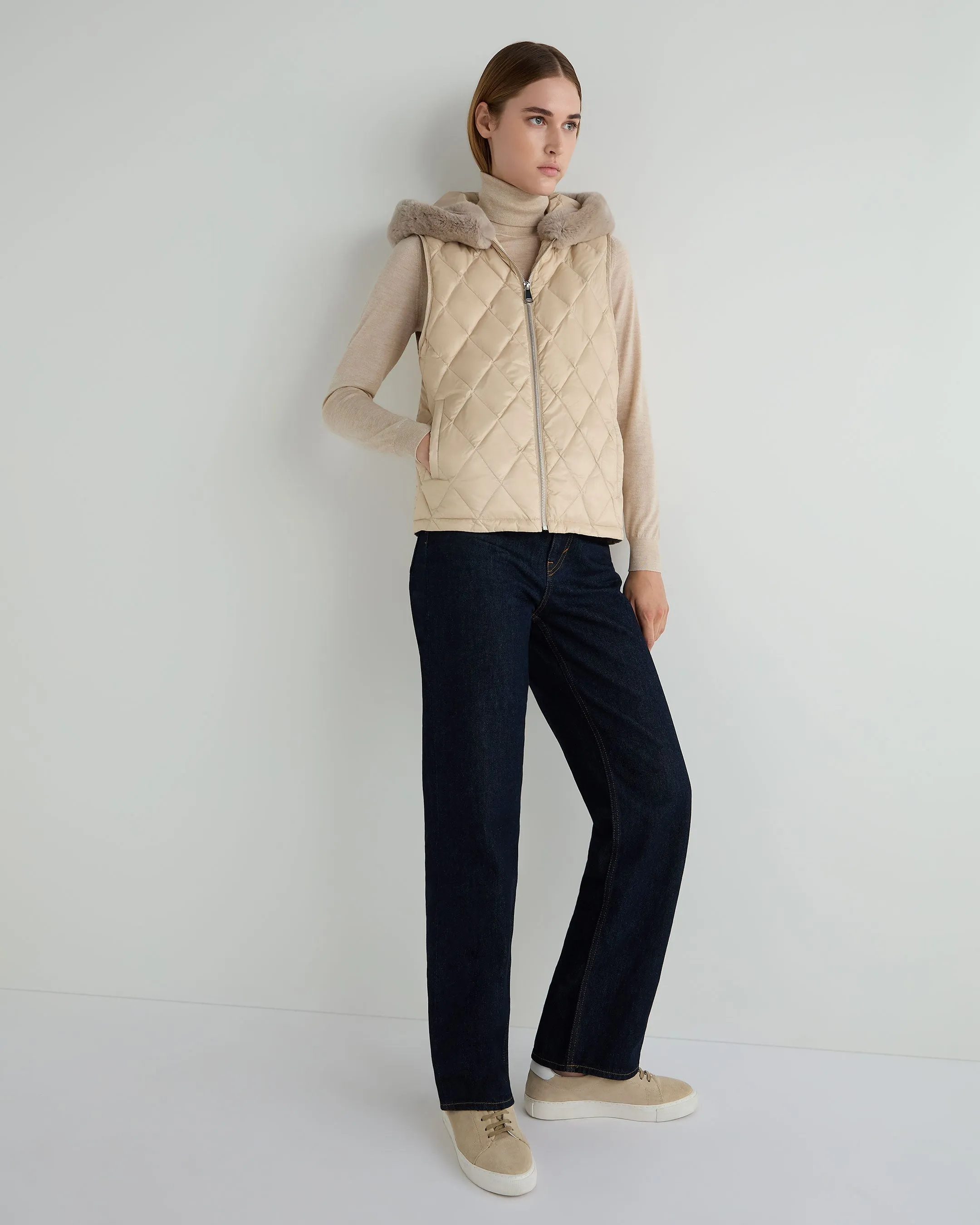 Women's Down Gilet With Fur Ecru White