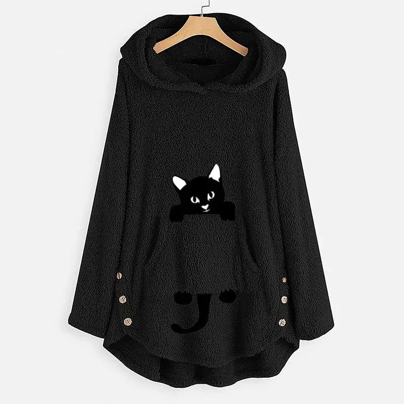 Women's Teddy Coat Cat Animal Front Pocket Hoodies