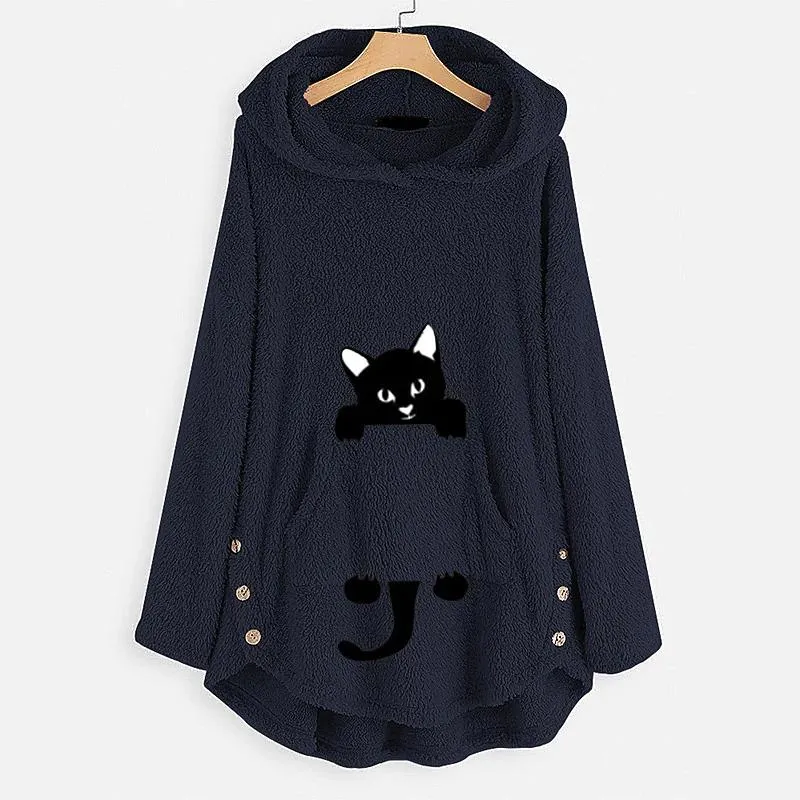 Women's Teddy Coat Cat Animal Front Pocket Hoodies