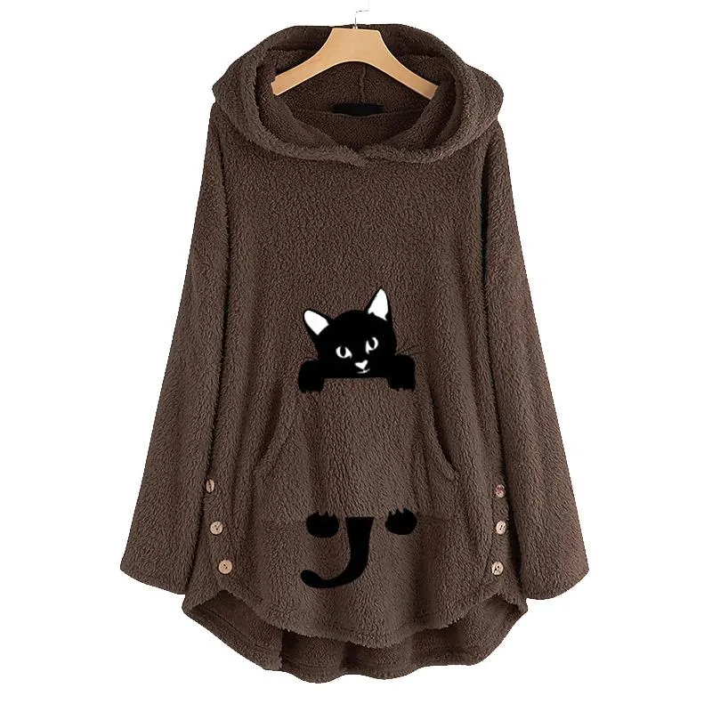 Women's Teddy Coat Cat Animal Front Pocket Hoodies