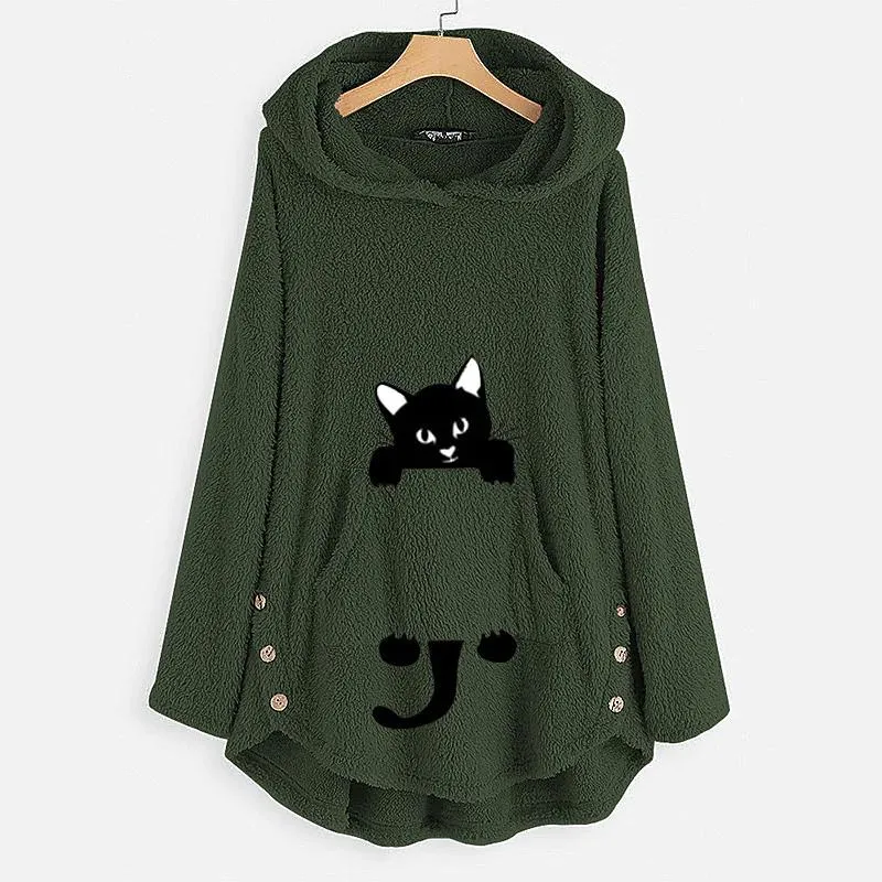 Women's Teddy Coat Cat Animal Front Pocket Hoodies