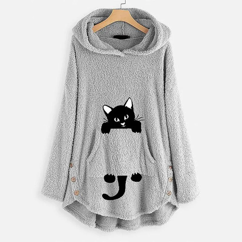 Women's Teddy Coat Cat Animal Front Pocket Hoodies