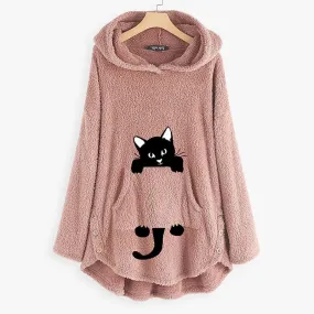 Women's Teddy Coat Cat Animal Front Pocket Hoodies